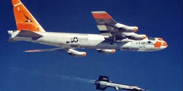 NASA's X-15 rocket plane drops away from its B-52 Stratofortress carrier aircraft beginning its first glide test on June 8, 1959. (Image credit: NASA)